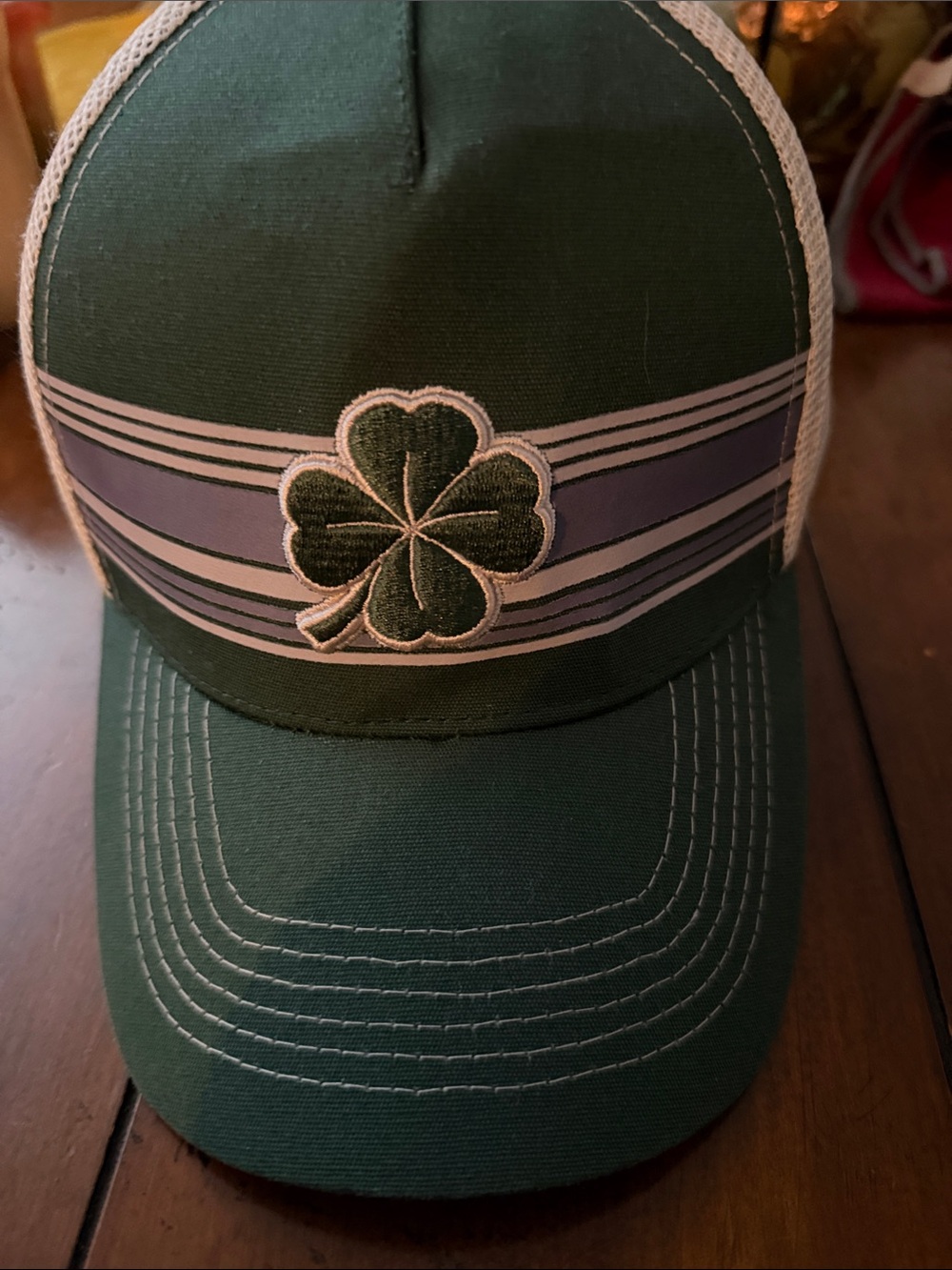 Green Trucker Hat with Embroidered Four-Leaf Clover